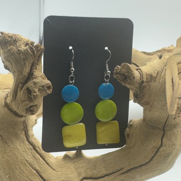 Colorful Geometric Dangle Earrings Blue Green Yellow Lightweight Boho Glass - Picture 1 of 5
